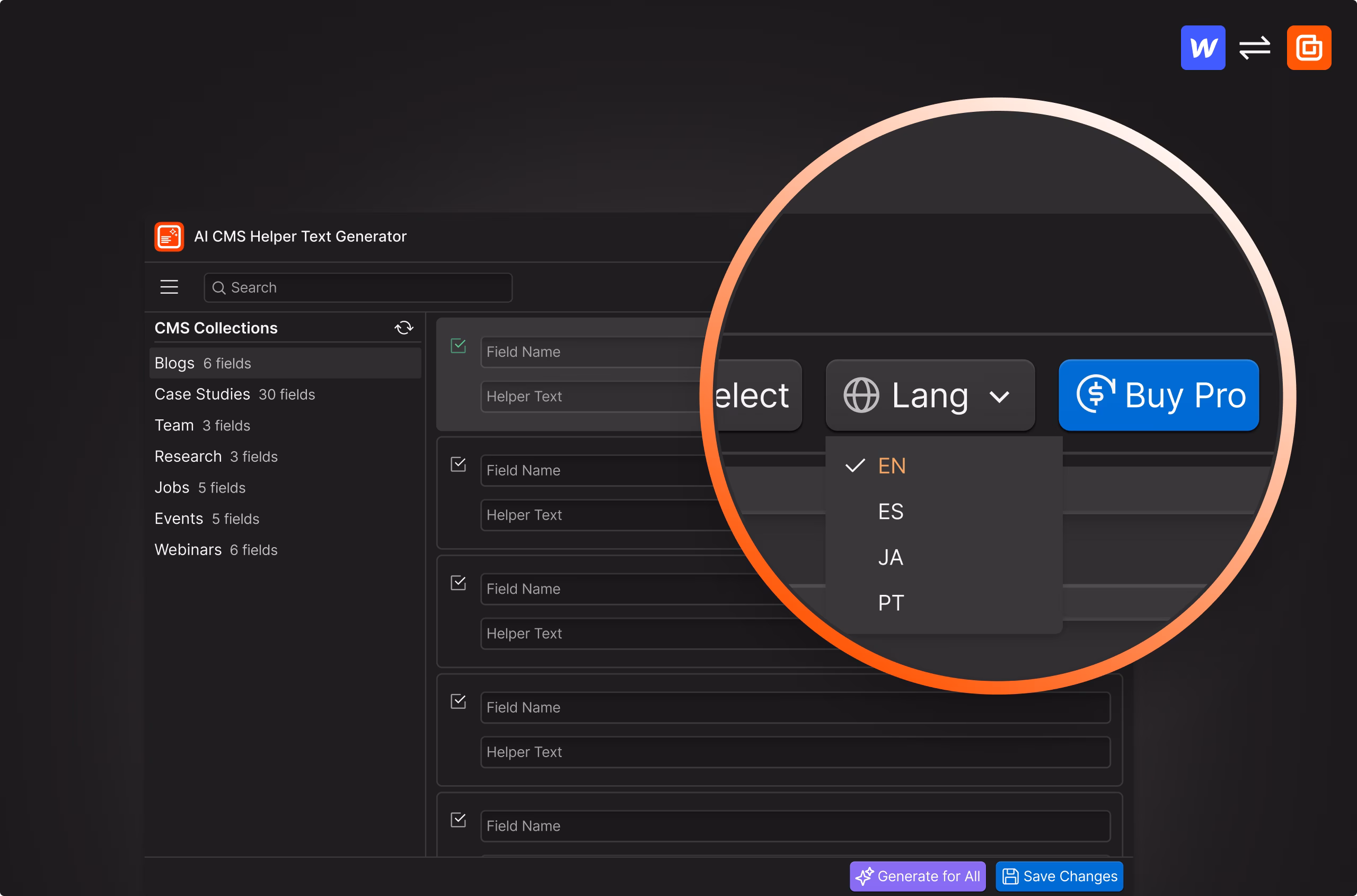 Edit Once. Translate Instantly., shown inside AI CMS Helper Text Generator