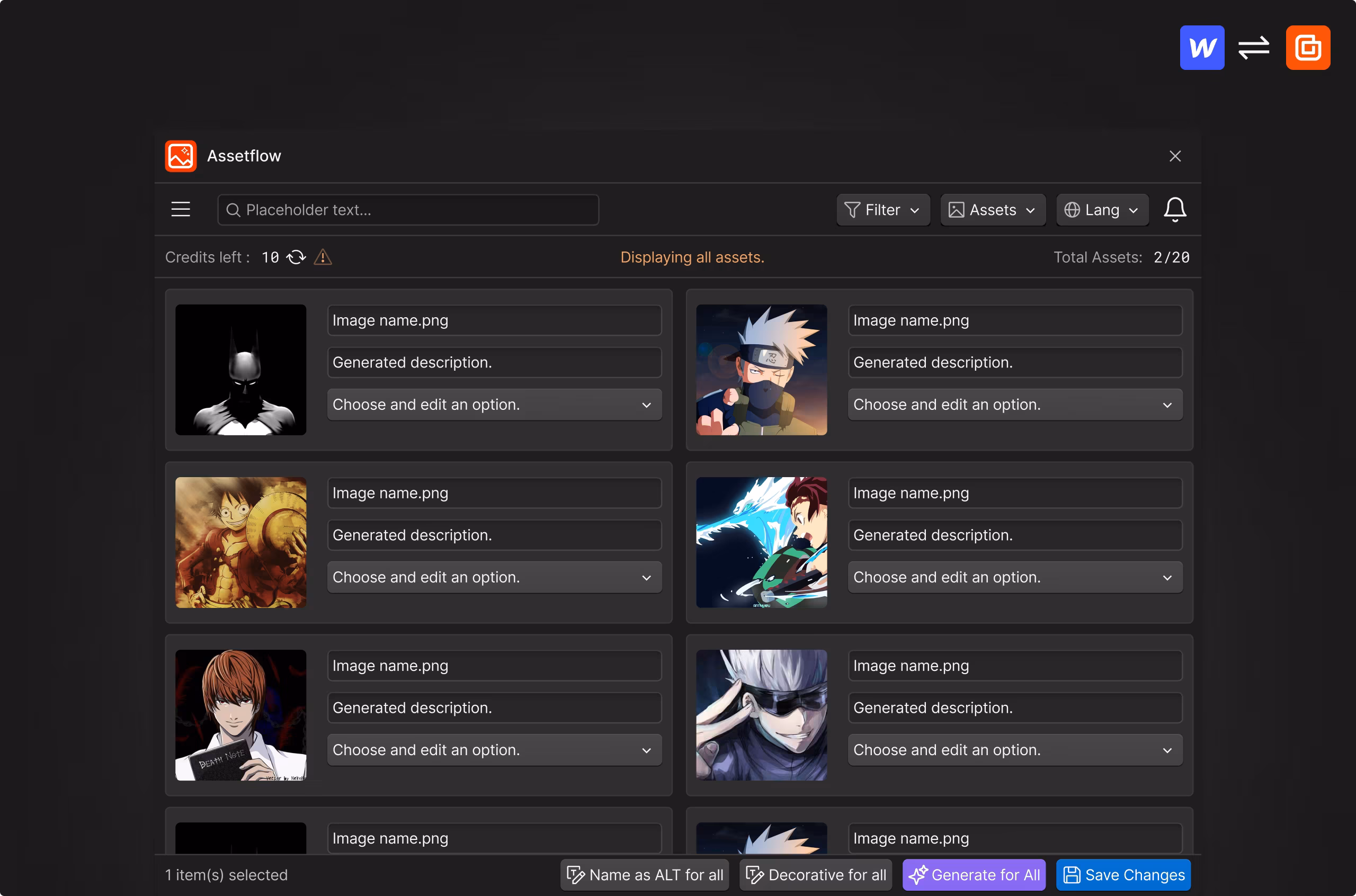 Assetflow shown in the Webflow Designer.