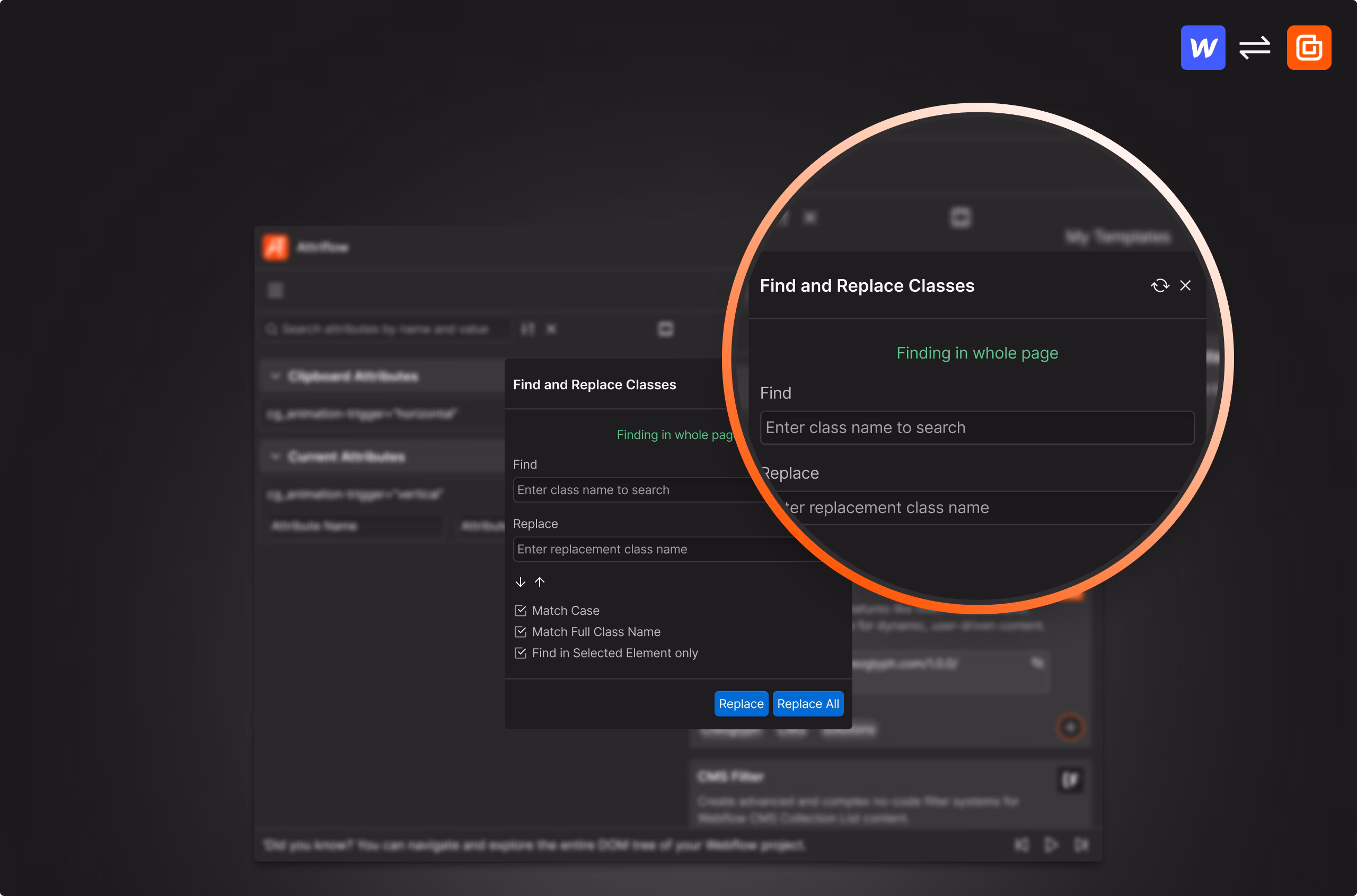Find and Replace for Webflow Classes, shown inside Attriflow