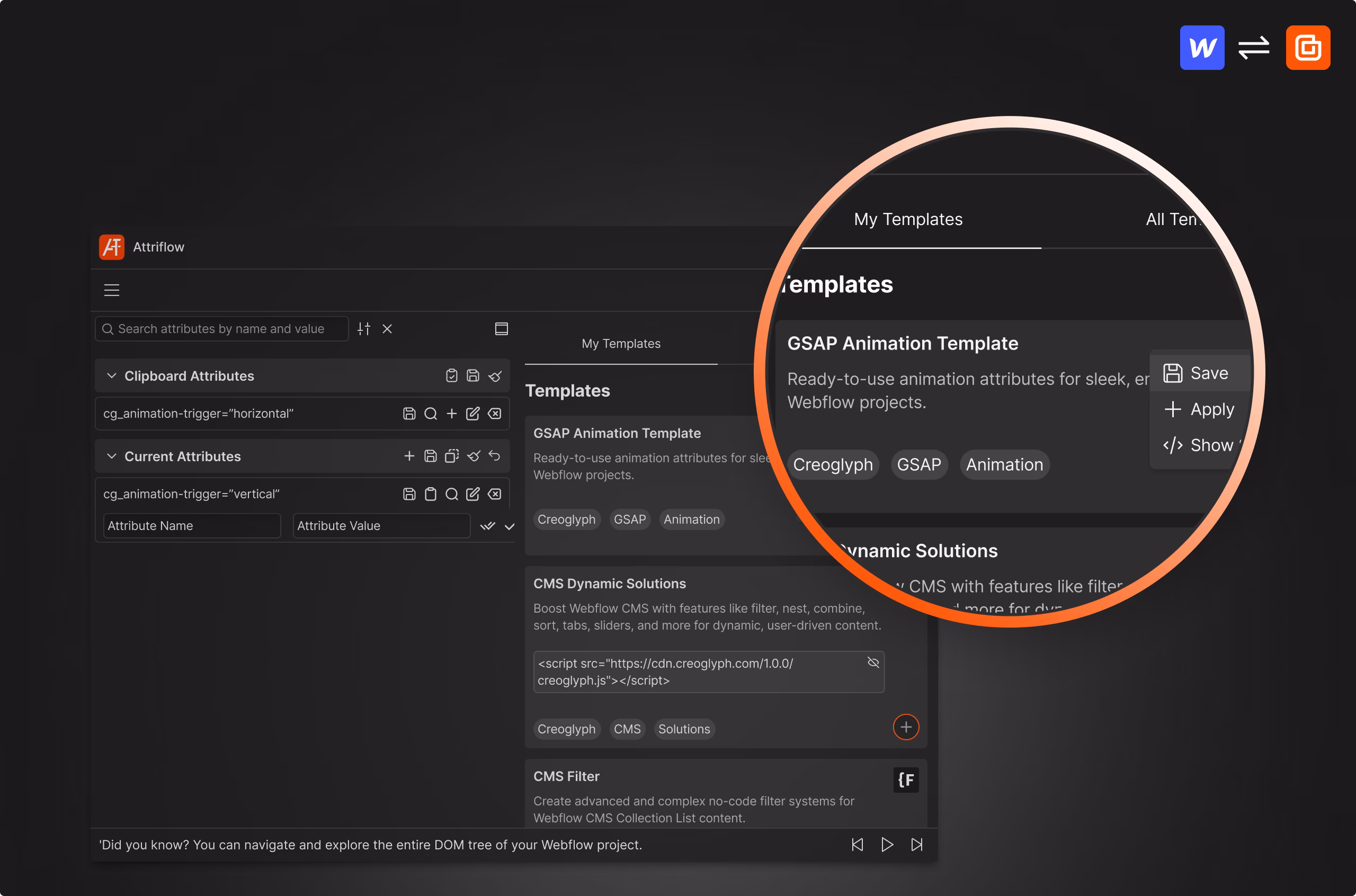 Templates for Attributes, shown inside Attriflow