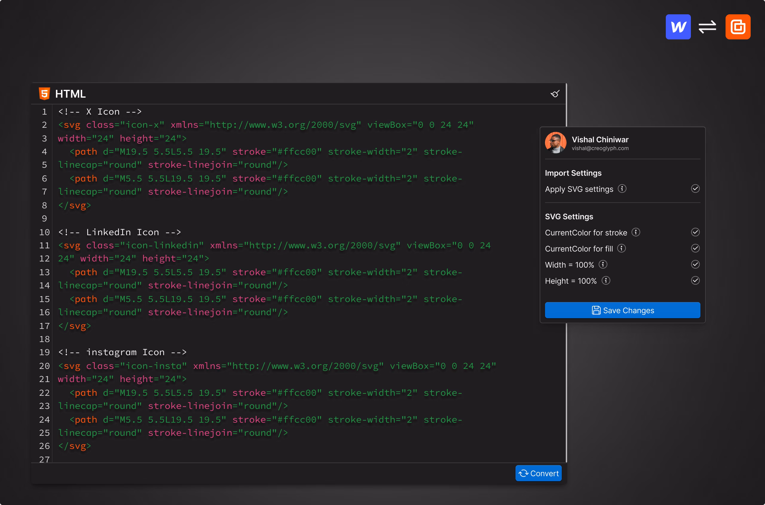 Batch process and customize SVGs, shown inside HTMLtoflow
