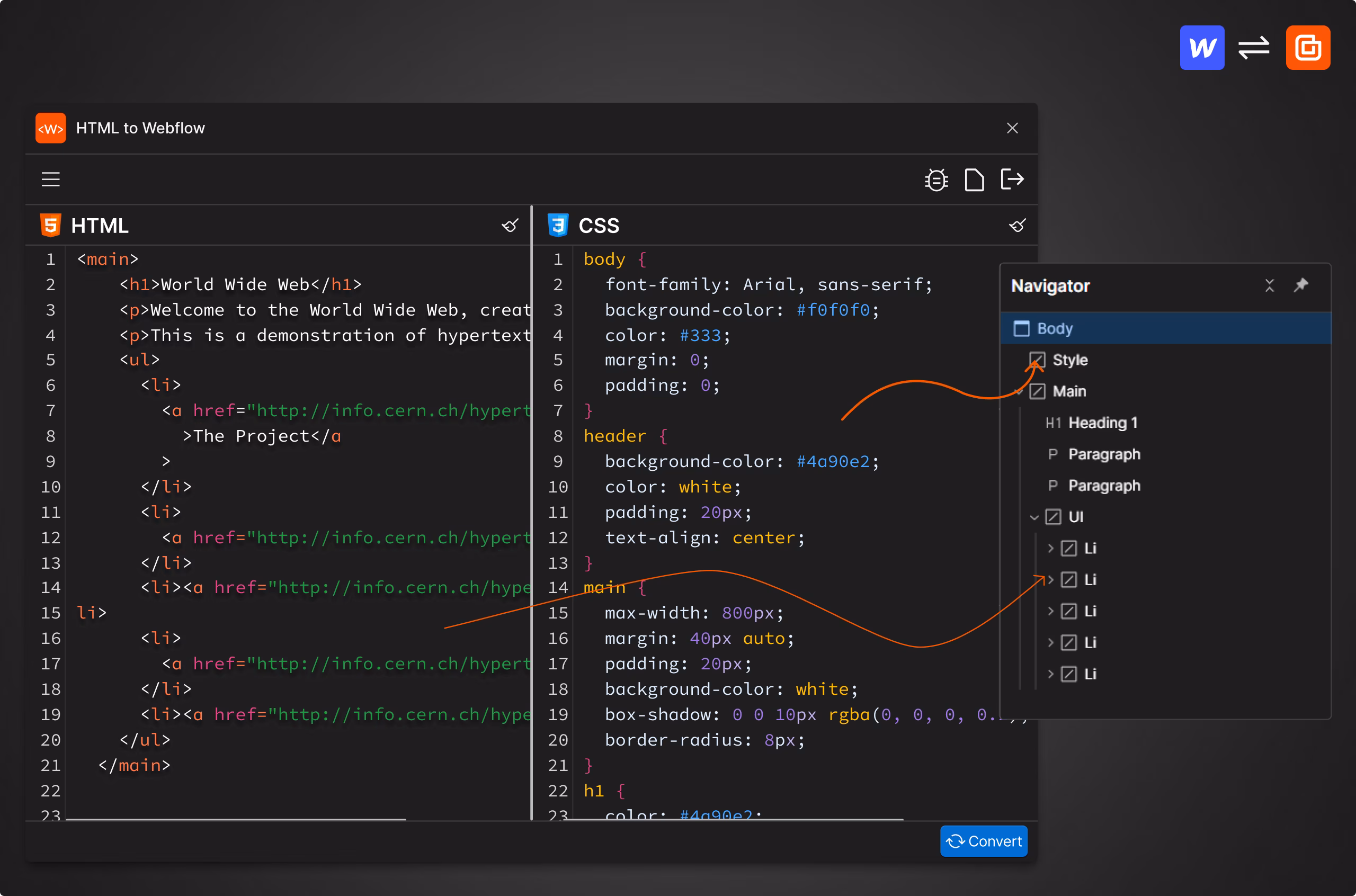 HTMLtoflow shown in the Webflow Designer.