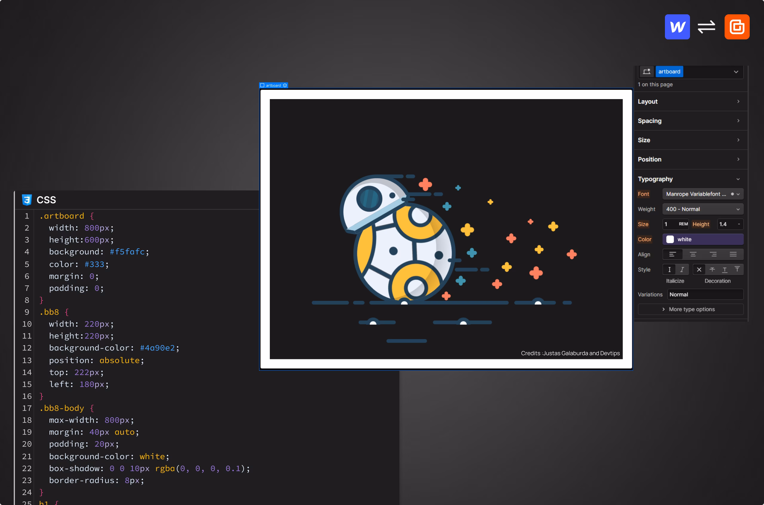 Custom CSS styling in Webflow Designer, shown inside HTMLtoflow