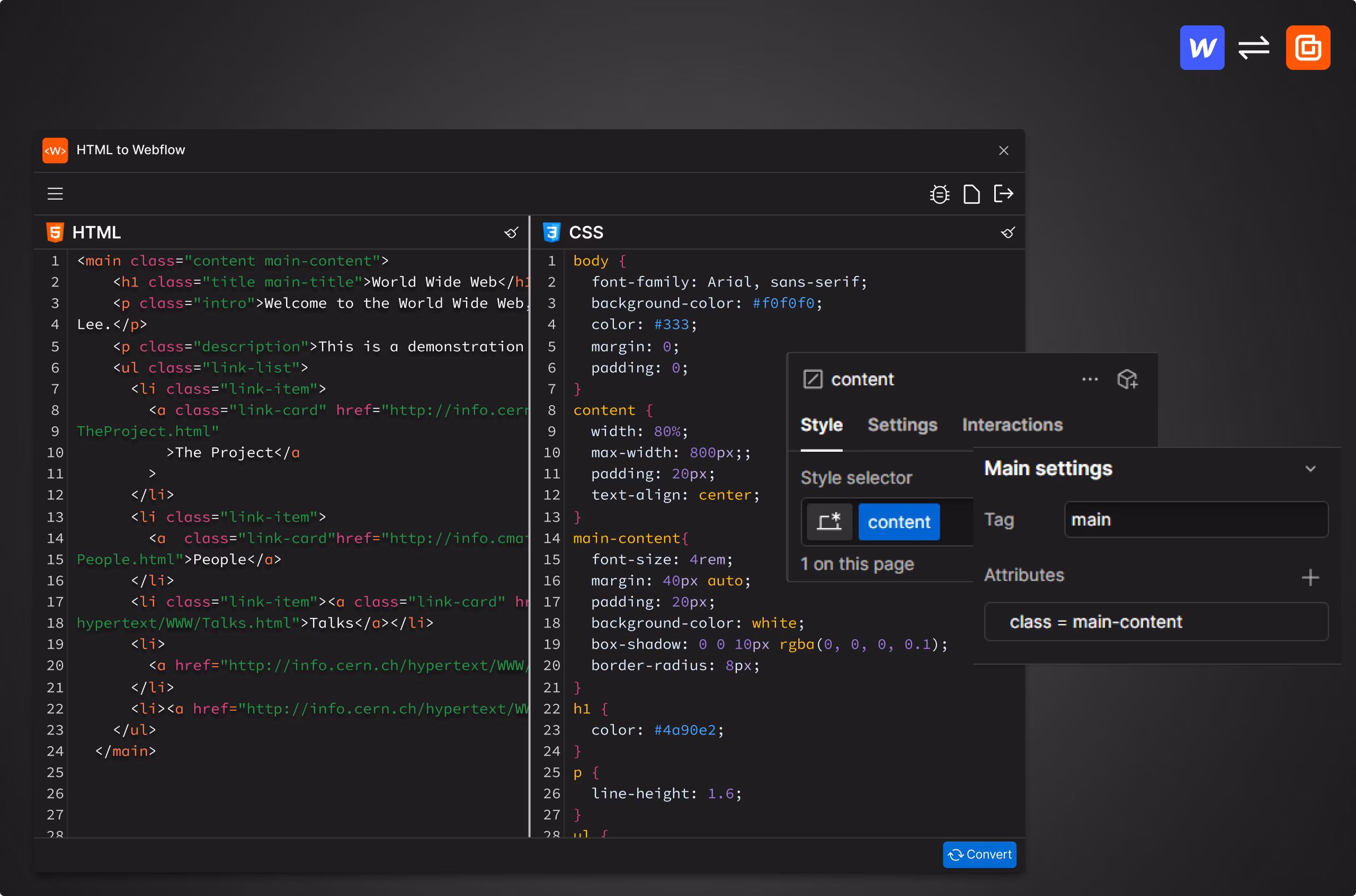 Efficient class management in Webflow, shown inside HTMLtoflow