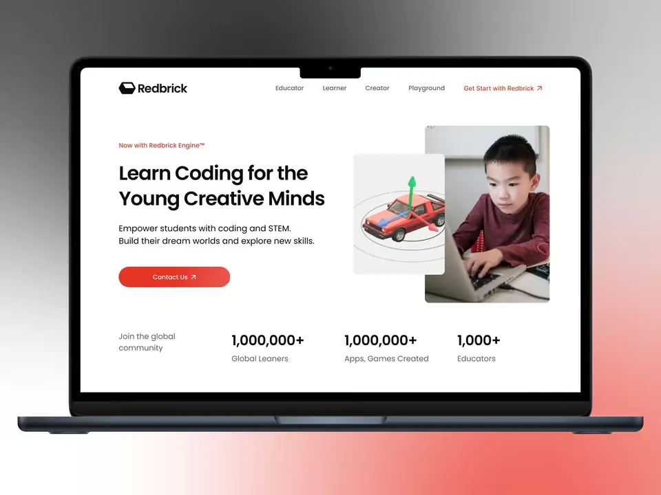 The Redbrick website, a Webflow build by Creoglyph, shown on a laptop.